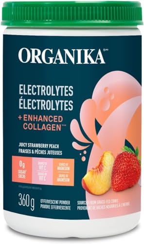 Organika Electrolytes + Enhanced Collagen- Strawberry Peach Flavour- Sugar-Free Hydration + Protein 360 gram - 30 Servings - Strawberry Peach - 360 g (Pack of 1)