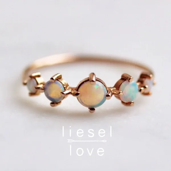 14K Gold Opal Row Ring, "Talisman" Ring, Opal Ring, Dainty Ring, Solid Gold, October Birthstone, Five Stone Ring, Opal Flash, Cabochon