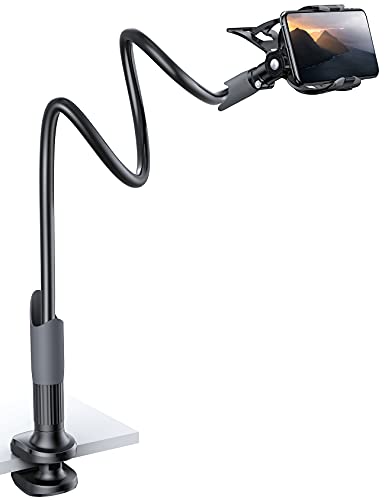 Lamicall Phone Holder Bed Gooseneck Mount - Cell Phone Clamp Clip for Desk, Flexible Lazy Long Arm Headboard Bedside, Overhead Mount Stand, Compatible with iPhone 15 Pro Max/Plus XR X 8 7 6 Plus - Black