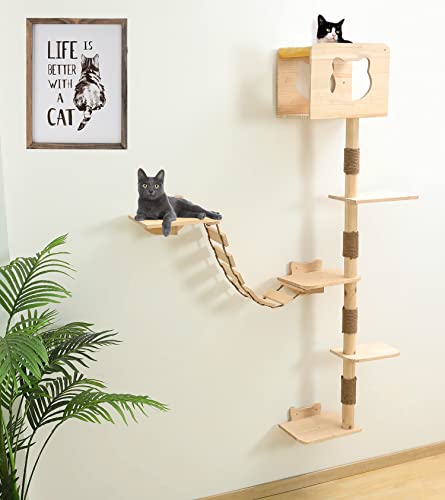 Cat Tree House with Hammock Wall Mount Cat Shelf Climbing Tall Activity Tower Solid Wood Indoor Cat Wall Furniture 75 Inch - 75 inch