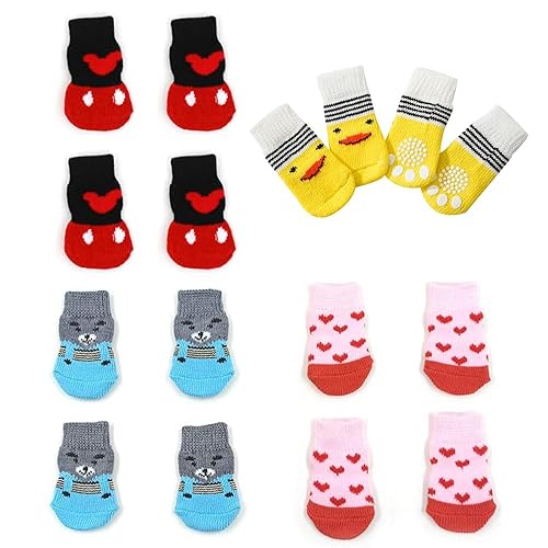 16 Pieces Dog Anti Slip Socks for Small Dogs, 4 Styles Non Skid Doggie Socks with Grips, Anti-Slip Indoor Puppy Cat Pet Paw Protection for Hardwood Floor Wear, Prevent Licking (S) - S