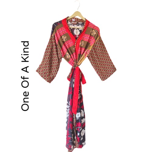Recycled Silk Vintage Kimono - Rouge Red and Mustard