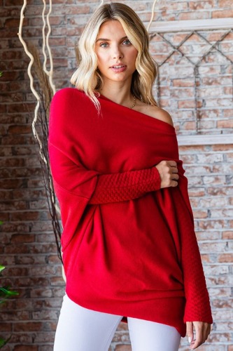 First Love Full Size Asymmetrical Hem Dolman Sleeve Sweater - Burgundy / One Size-Plus