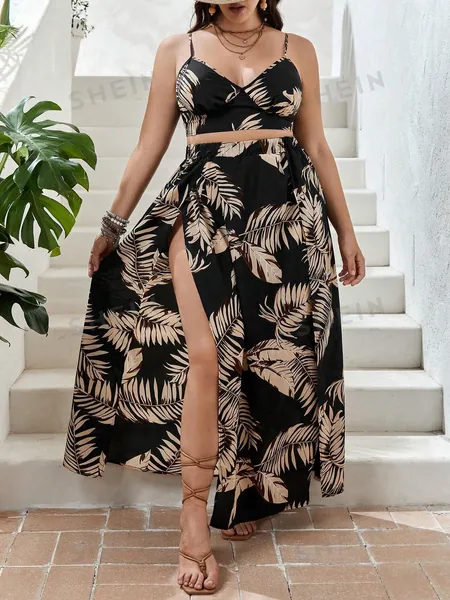 SHEIN VCAY Plus Tropical Print Cami Top & Split Thigh Summer Skirt