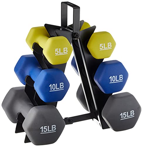 Amazon Basics Easy Grip Workout Dumbbell, Neoprene Coated, Various Sets and Weights available - Rack with 3 Pairs - 5 Lb, 10 Lb, 15 Lb