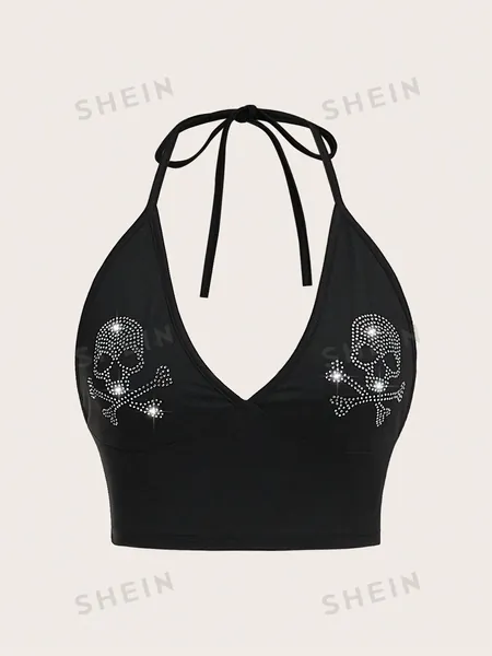 SHEIN Coolane Plus Diamond Embellished Skull Design Halter Top-Black