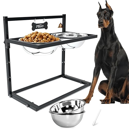 SHAINFUN Elevated Dog Feeder for Large Breeds, Adjustable Height Raised Dog Bowl Stand with 3000ML Stainless Steel Bowls - x-large dogs