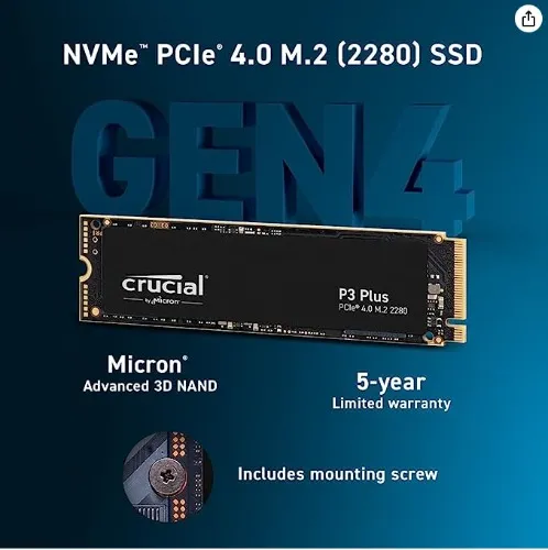 Crucial P3 Plus 1TB M.2 PCIe Gen4 NVMe Internal SSD - Up to 5000MB/s - CT1000P3PSSD8 - 1 TB