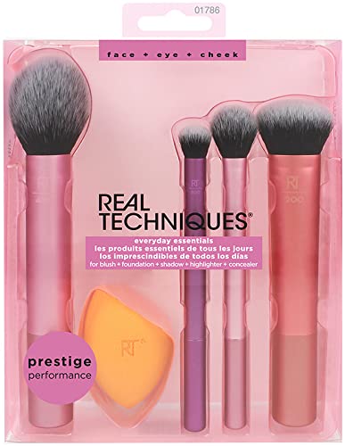 REAL TECHNIQUES,5 Count (Pack of 1) Everyday Essentials Makeup Brush Complete Face Set (Miracle Complexion Sponge, Expert Face, Blush, Setting and Deluxe Crease Brushes)