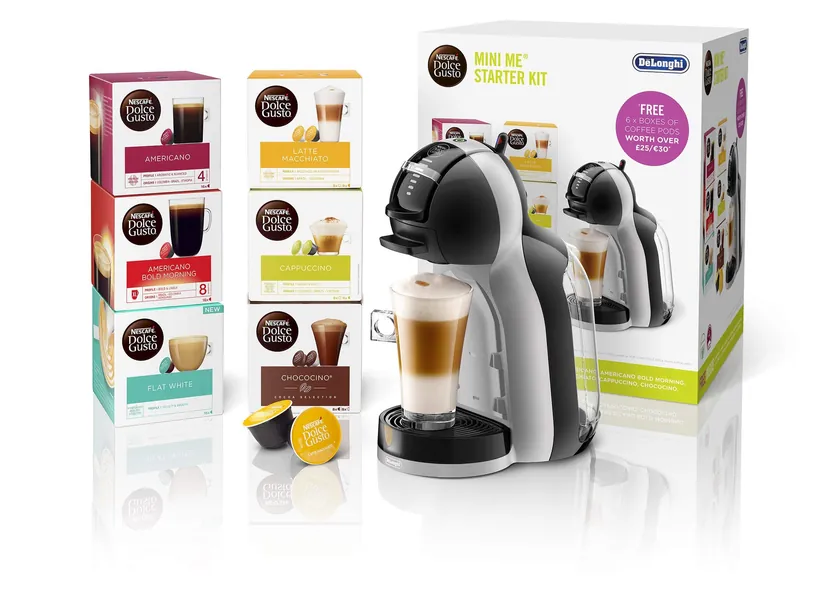 De'Longhi Nescafé Dolce Gusto Mini Me, Single Serve Capsule Coffee Machine Starter Kit, Including 6 boxes of Coffee Pods, EDG155.BG, Black & Grey