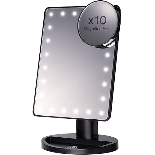 H&S Makeup Mirror with Lights - Light Up Vanity Mirror for Dressing Table Bathroom Desk - Battery Operated with LED Lights - Includes Detachable 10x Magnifying Mirror - Black