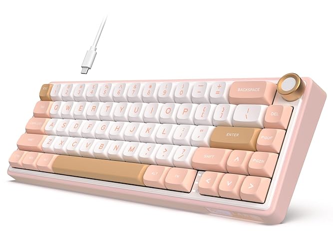 RK ROYAL KLUDGE R65 Wired Mechanical Keyboard with Knob, 60% Percent QMK/VIA US Layout RGB Backlit Gasket Mount Gaming Keyboard with PBT Keycaps, MDA Profile, 66 Keys Hot Swappable Cream Switch, Pink - Hot-Swappable Cream Switch - Pink