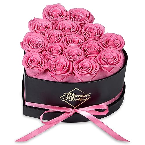 GLAMOUR BOUTIQUE 16 Flower Forever Heart Shape Box - Preserved Roses Gift for Her, Preserved Flowers, Pink - 16 Roses - Pink 16 Roses