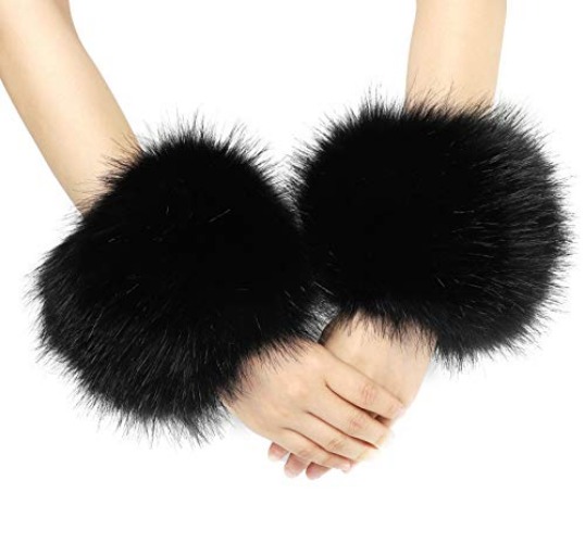 LA CARRIE Women's Snakeskin Print Faux Fur Wrist Cuffs,Winter Fox Furry Bands Arm Warmer - Black