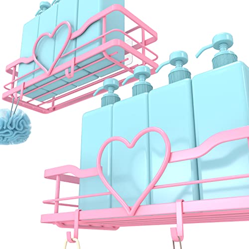 FLCITY Sweet Heart Shower Caddy with 4 Hooks, 2pcs No Drilling Self Adhesive Shower Organizer Shelf, Stainless Steel Rustproof Shower Rack for Bathroom Kitchen Storage - X-Large - Heart Pink