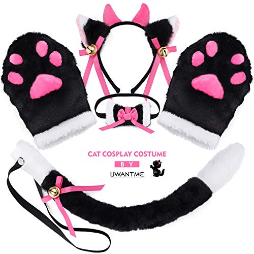 Laivomda Cat Cosplay Costume Cat Ears and Tail with Collar, Cat Paws Gloves Set for Halloween Chrismas Party Dress Up - Black+white