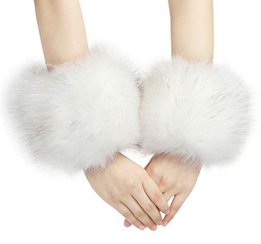 LA CARRIE Women's Snakeskin Print Faux Fur Wrist Cuffs,Winter Fox Furry Bands Arm Warmer - White With Tips