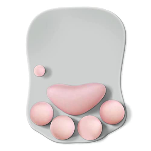 Cat Mouse Pad Wrist Support, Cute Cat Paw Mouse Pad with Wrist Rest, Comfortable Computer Mouse Pad for Laptop, Pain Relief Mousepad for Office & Home(Grey Pink) - Grey
