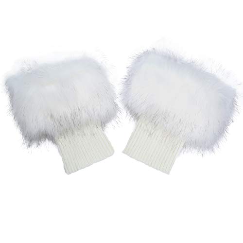 LA CARRIE Women Faux Fur Plush Leg Warmers Short Furry Fuzzy Leg Cuffs Girls Winter Knitted Boot - White With Black Tips