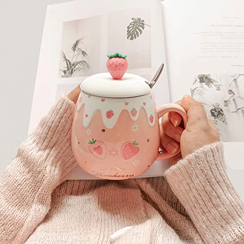 High beauty Cup With Cover Spoon Mug Female Student Korean Version Lovely ins Coffee Cup Household Ceramic Breakfast Cup (Pink 2) - Pink 2