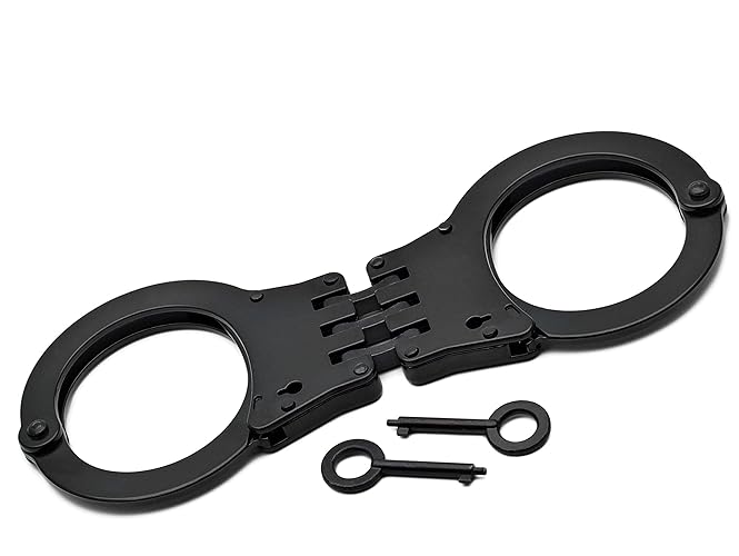 Double Locked Hinged Handcuffs - Police Edition Professional Grade Heavy Duty Steel W/Two Keys - Black