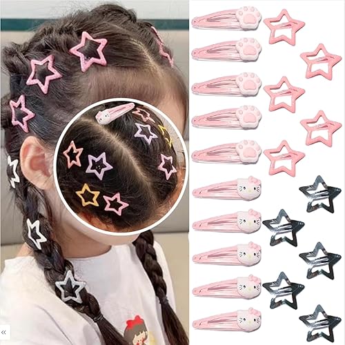 Kawaii Cartoon Kitty Star Non Slip Metal Hair Clips, Hair Pins Accessories for Women - 20 PCS Set - Pink&Silver