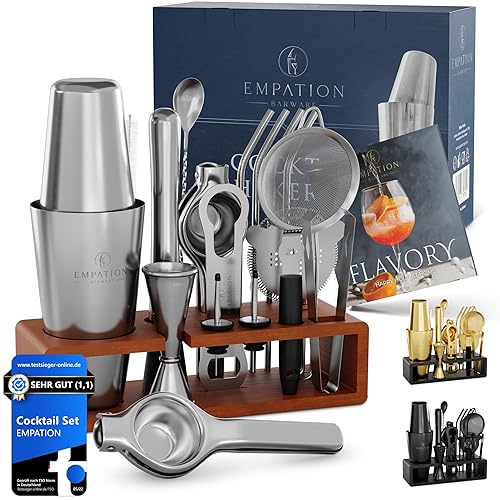 EMPATION Cocktail Set [TESTSIEGER] 825ml Boston Cocktail Shaker aus Edelstahl, leicht zu öffnen & kein Verklemmen, Profi Cocktail Shaker Set mit Ständer & Rezeptbuch, Cocktail Mix Set für Barkeeper - Mit Gestell - Edelstahl