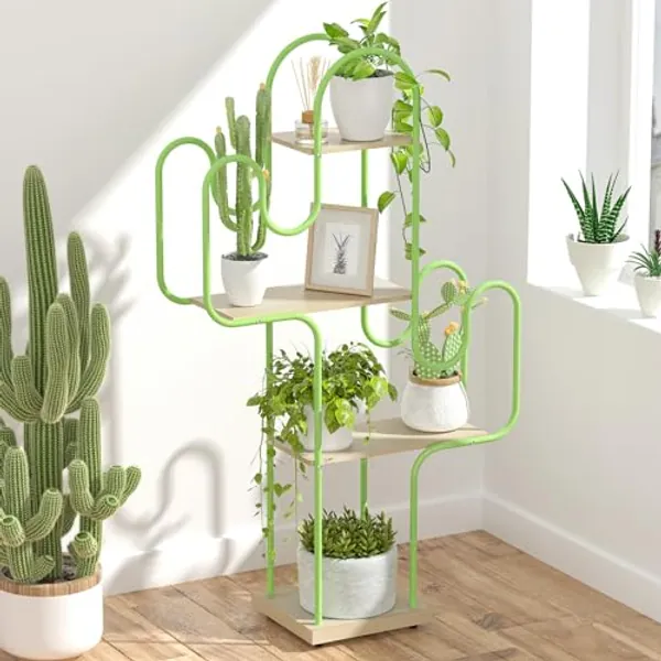 Tikea Small Cactus Plant Stand Indoor, Metal Plant Shelf for Indoor Plants Multiple, Creative Plant Stand for Patio, Balcony and Living Room Decor, 4 Tiered Versatile Display Shelf (Green) - 4 Tier Green