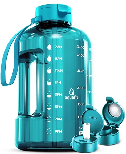 AQUAFIT 1 Gallon Water Bottle With Time Marker - 128 oz Water Bottle With Straw - Gym Water Bottle, Big Water Bottle with Handle, Reusable Water Bottles With Straw Bike Water Bottles (Aqua) - 128oz - 2 Lids - 11 Aqua