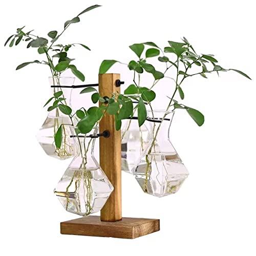 Plant Terrarium Wooden Stand, Hydroponic Planter Bulb Glass，Desktop Hydroponics Air Planter Holder with 4 Bulb Beaker Glass Vase for Home Office Decoration (Style 1)