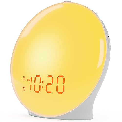 Wake Up Light Sunrise Alarm Clock for Kids, Heavy Sleepers, Bedroom, with Sunrise Simulation, Fall Asleep, Dual Alarms, FM Radio, Snooze, Nightlight, Colorful Lights, 7 Natural Sounds, Ideal for Gift - White