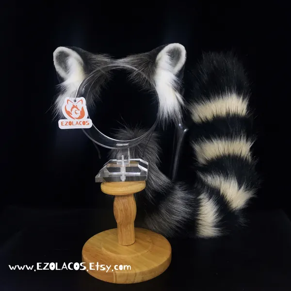 Realistic Raccoon Ears and Tail Set,Animal Ears and Tail Set,Halloween Cosplay Beast Ears and Tail,Lesser Panda Ears and Tail Set,Tail Plug