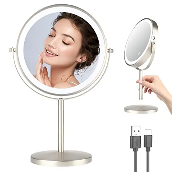 Desktop Magnifying Makeup Mirror with Lights, 8 inch Rechargeable Double Sided 1X/10X Vanity Mirror with 3 Colors Light, 360° Smart Touch Lighted Makeup Mirror with Adjustable Brightness (Nickel)