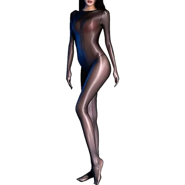 RUIBAVYA Damen Bodystocking UltradüNner Sexy Full Body Stockings Mit Kapuze GläNzende öL GanzköRper Strumpfhose Bodysuit Plus Size - Schwarz - L