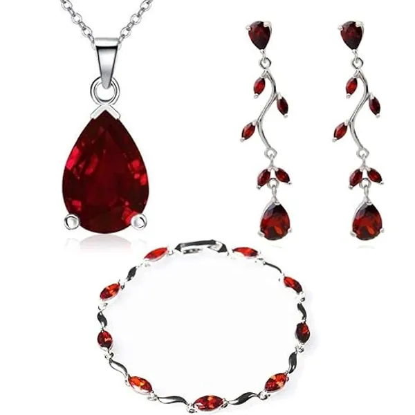 Crystalline Azuria Tropfenform Schmuck-Set mit Rot Zirkonia Kristalle Halskette 45 cm Ohrhänger Ohrringe Armband 18 kt Weiß Vergoldet - Rot