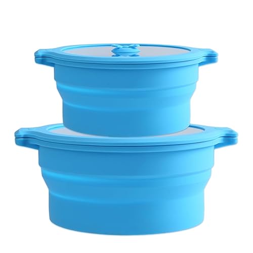 Collapsible Silicone Microwave Cookware Cooker Steamer for Cooking with Lids, 0.8L and 1.4L Glass Food Storage Container Sealed Bowl Mixing Bowls 2pc Set BPA Free - 1 pcs 1.4L+1 pcs 0.8L - Blue