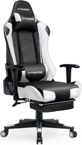 GTRACING Gaming Chair with Footrest Big and Tall Gamer Chair Office Chair Heavy Duty Adjustable Recliner with Headrest Lumbar Support Cushion Desk Chair (White) - White