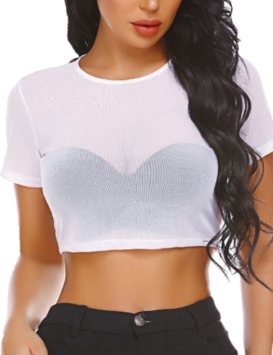 Avidlove Mesh Crop Top for Women Short Sleeve Bodycon Tees See Through Blouse O Neck Clubwear - White Large