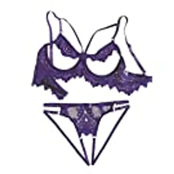 Lilosy Sexy Underwire Strappy Eyelash Floral Lace Sheer Lingerie Set for Women See Through Bra and Panty 2 Piece