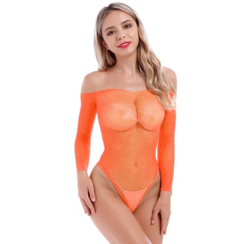 IMEKIS Women Sexy Sparkle Rhinestone Teddy Fishnet Long Sleeve Bodysuit Top One Piece Sheer Mesh Lingerie Off Shoulder Outfit - One Size Fluorescent Orange
