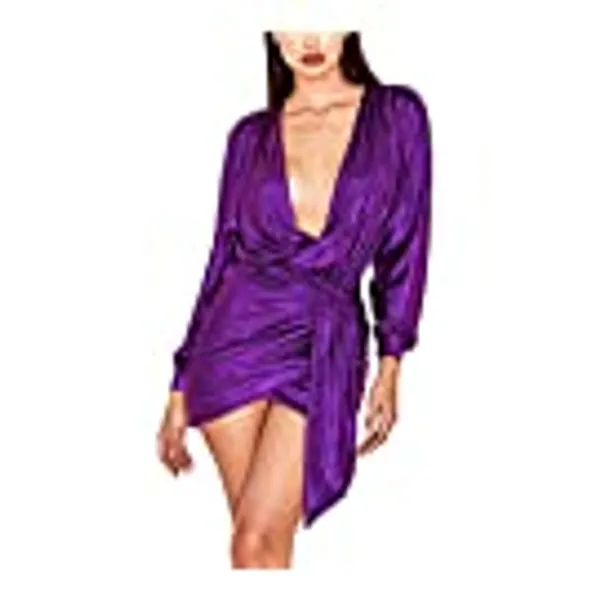 Ophestin Womens Sexy Deep V Neck Metallic Glitter Ruched Long Sleeve Party Dress