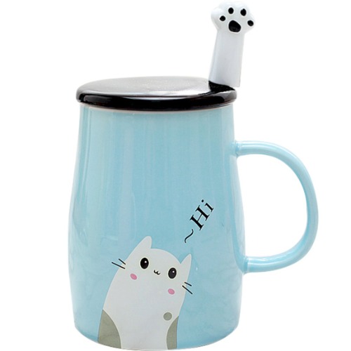 Angelice Home Tasse à café amusante en céramique avec cuillère en acier inoxydable - Motif chat bleu