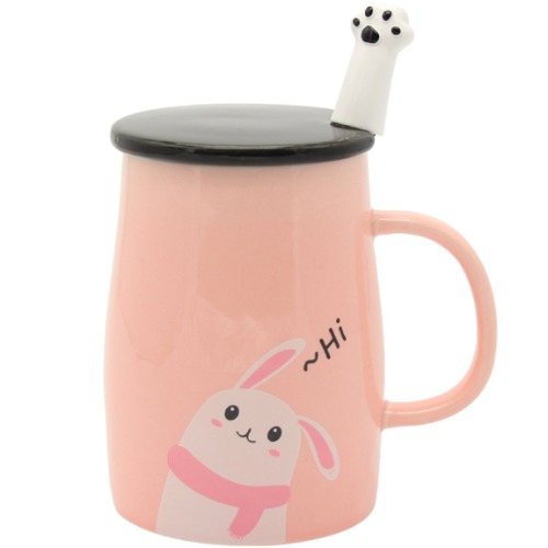 Angelice Home Tasse à café en céramique avec cuillère en acier inoxydable - Motif lapin - Rose