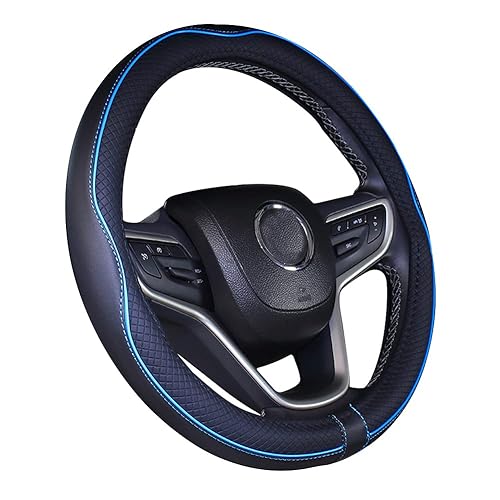 Istn Microfiber Leather Car Steering Wheel Cover Universal 15 inch/38cm Breathable Anti-slip Protector for Auto/SUV (Black Blue) - Black Blue - 14.5-15''