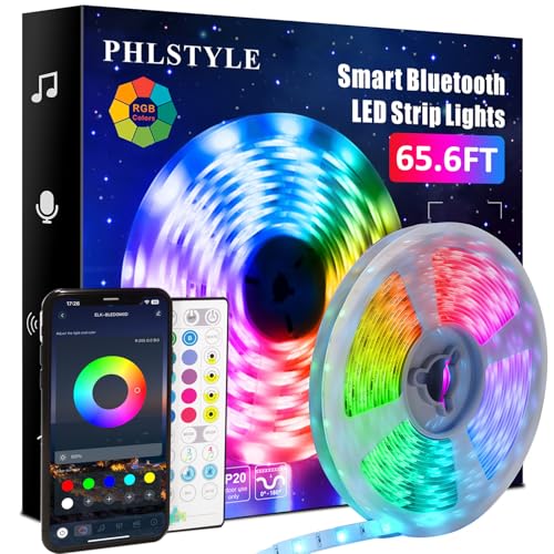 PHLSTYLE 65.6ft/20m LED Lights Room Decor, LED Lights Strip for Bedroom Music Sync, App Controlled Bluetooth RGB LED Light Strips, with Remote 16 Million Color Changing LED Strip Lights, Built-in Mic - 65.6FT