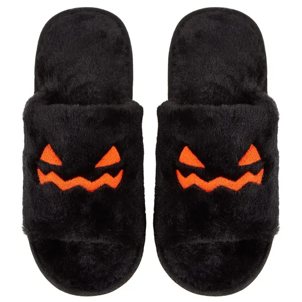 Sanfiago Halloween Slippers Pumpkin Slippers Women Cartoon Furry Face House Shoes Memory Foam Non-slip Rubber Sole Soft Slip Home Shoes Indoor and Outdoor Halloween Gifts for Girls Ladies