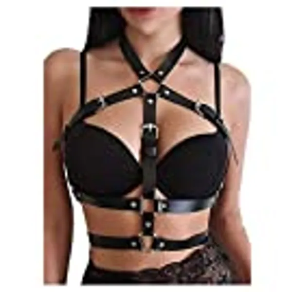 Barode Leather Body Harness Black Chest Waist Chains Belt Caged Straps Adjustable Gothic Strappy Rave Party Body Accessories for Women and Girls