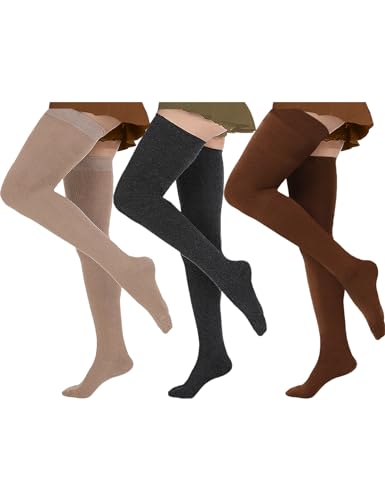 EZFS PLUS Thigh High Socks for Women Extra Long and Thick Over the Knee Cotton Boot Stockings Leg Warmer for Girls - 7-15 - Beige + Charcoal + Brown 3 Pairs
