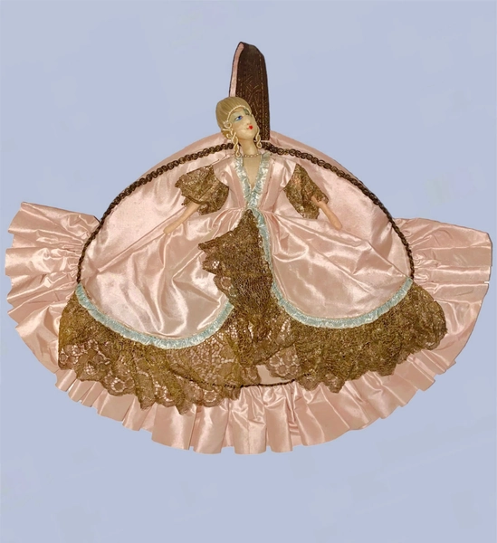Rare 1920s Purse / 20s LARGE Figural Novelty Bag /  Doll Head Purse with Lamé Dress