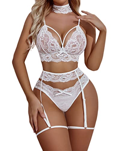 Avidlove Women Lingerie Set with Garter Belts Sexy Bra and Panty Set Lace Teddy Bodysuit - Large - A-white